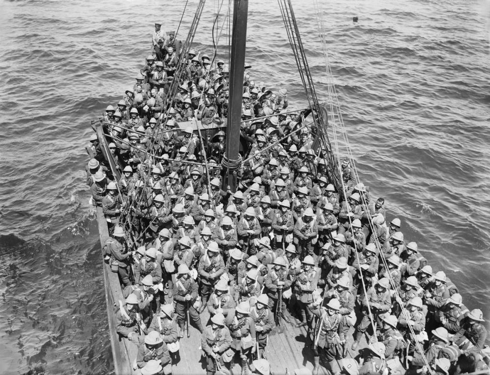 Soldiers of the Lancashire Fusiliers before disembarking at 'W' and 'V' beaches off Cape Helles on 5 May 1915.